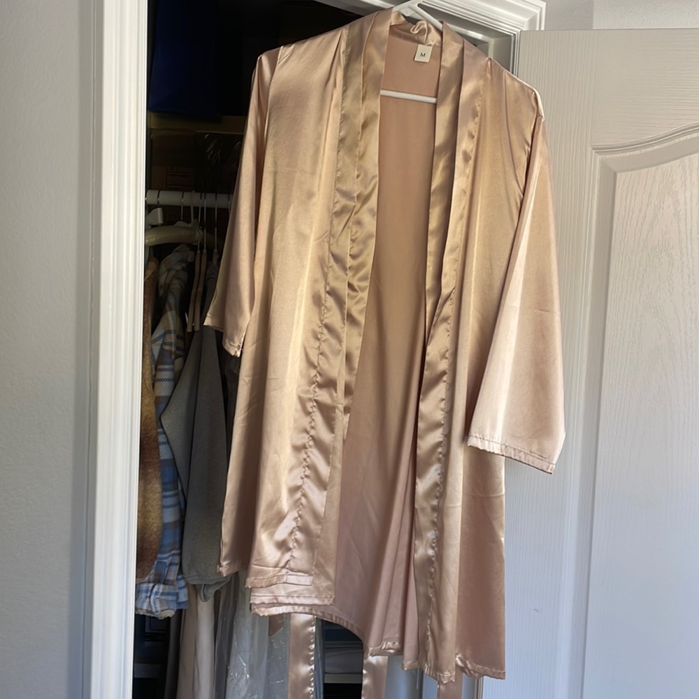 Open Front Belted Satin Night Robe - Picture 2 of 5